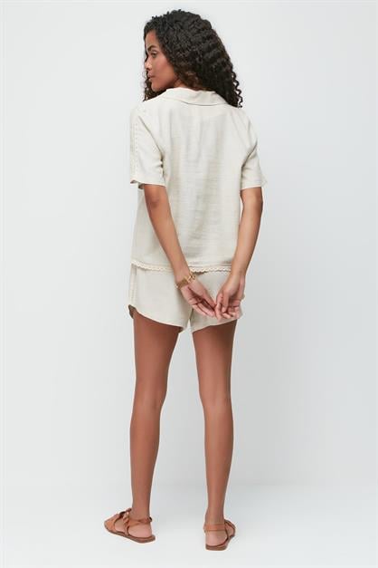 Linen Lace Detail Short Sleeve Shirt and Shorts Set 9145