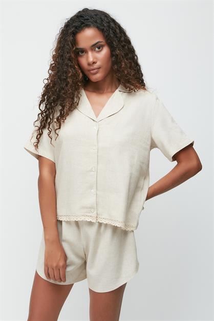 Linen Lace Detail Short Sleeve Shirt and Shorts Set 9145
