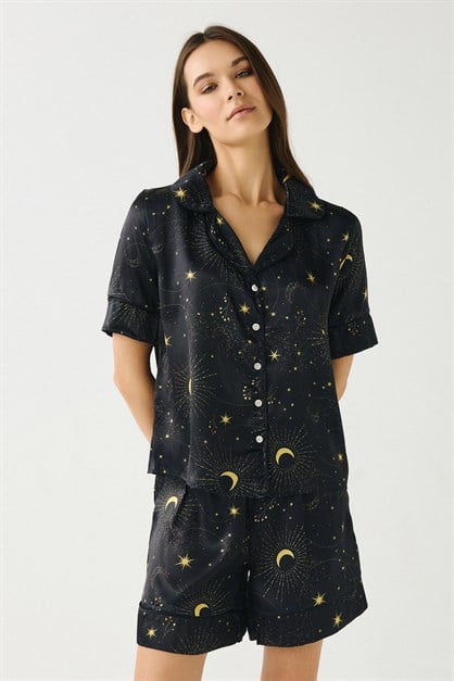 Luna Touch Gömlek Şort 2li Saten Takım Lacivert
