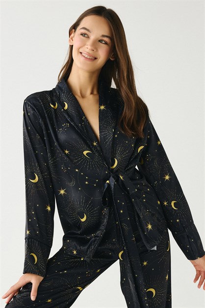 Luna Touch Kimono Pantolon 2li Saten Takım Lacivert
