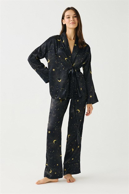 Luna Touch Kimono Pantolon 2li Saten Takım Lacivert