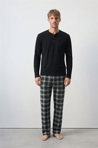 Pamuklu Yarım Düğmeli Ekose Erkek Pijama Takım Lacivert