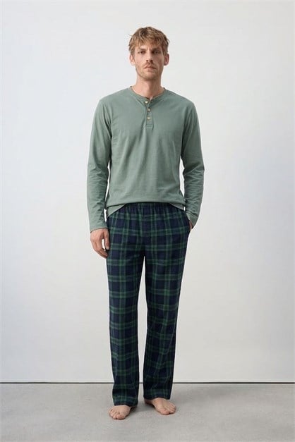 Pamuklu Yarım Düğmeli Ekose Erkek Pijama Takım Yeşil