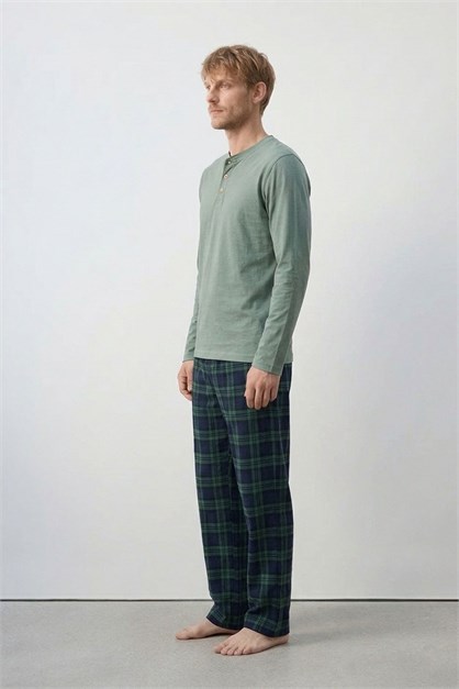 Pamuklu Yarım Düğmeli Ekose Erkek Pijama Takım Yeşil