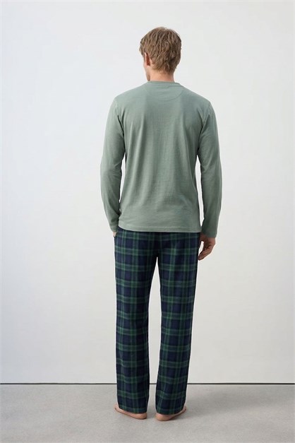 Pamuklu Yarım Düğmeli Ekose Erkek Pijama Takım Yeşil