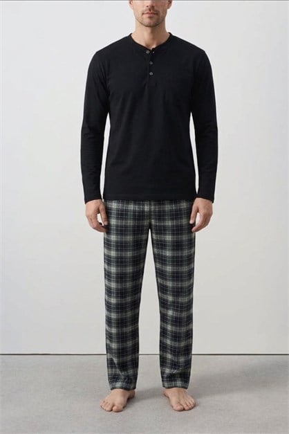 Pamuklu Yarım Düğmeli Ekose Erkek Pijama Takım Lacivert