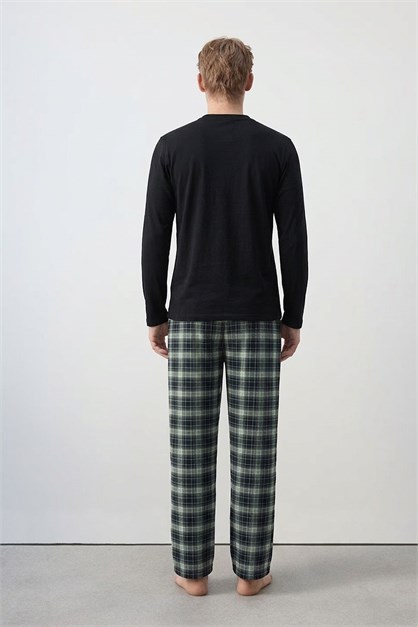 Pamuklu Yarım Düğmeli Ekose Erkek Pijama Takım Lacivert