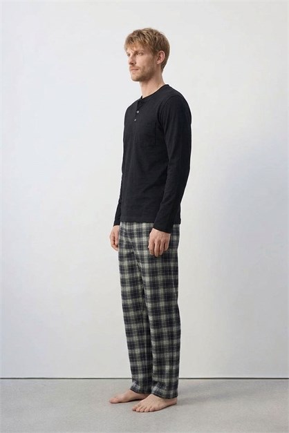 Pamuklu Yarım Düğmeli Ekose Erkek Pijama Takım Lacivert