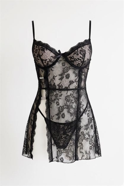 Parlak Detaylı Babydoll Siyah