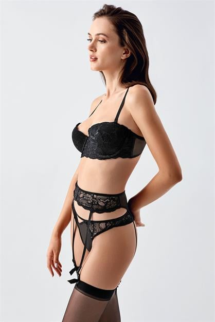 Push-Up Lace Bra and Stocking Set with Strappy Straps C14169