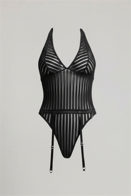 Siyah Çizgi Desenli Jartiyerli Bodysuit Siyah
