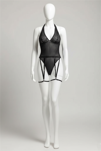 Siyah Çizgi Desenli Jartiyerli Bodysuit Siyah