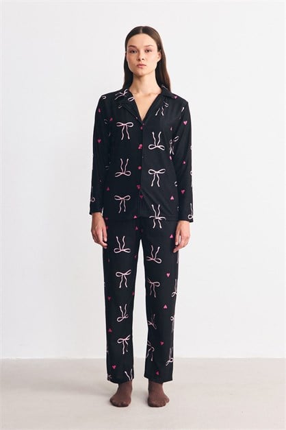 Süet Dokulu Gömlek Yaka Pijama Takımı Fiyonk