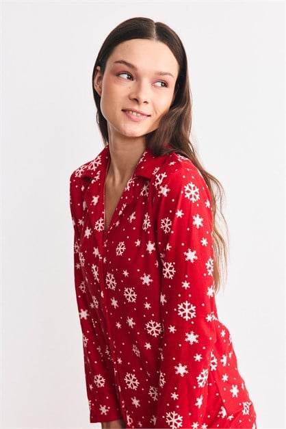 Süet Dokulu Gömlek Yaka Pijama Takımı Kar Tanesi