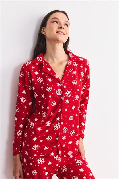 Süet Dokulu Gömlek Yaka Pijama Takımı Kar Tanesi