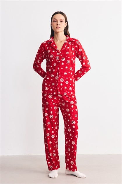 Süet Dokulu Gömlek Yaka Pijama Takımı Kar Tanesi