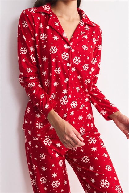 Süet Dokulu Gömlek Yaka Pijama Takımı Kar Tanesi