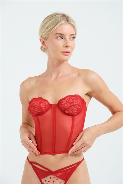 C&City Transparan Fantezi Dantelli Straplez Bustiyer 6003 Kırmızı