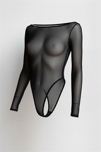 Uzun Kol Tül Bodysuit Siyah