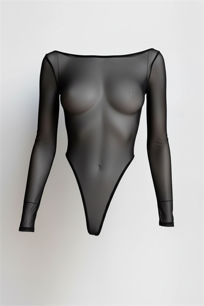 Uzun Kol Tül Bodysuit Siyah