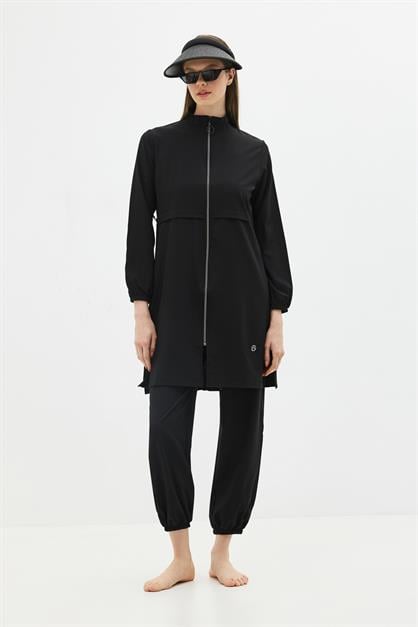 Solid Black 4-Piece Modest Swimwear Set with Long Tunic - Full Coverage Burkini - Style 6056