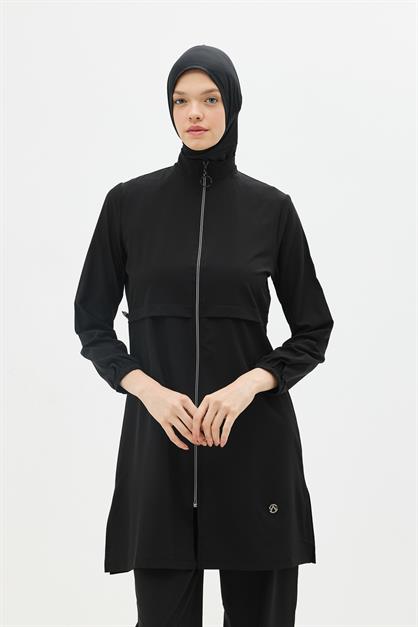 Solid Black 4-Piece Modest Swimwear Set with Long Tunic - Full Coverage Burkini - Style 6056