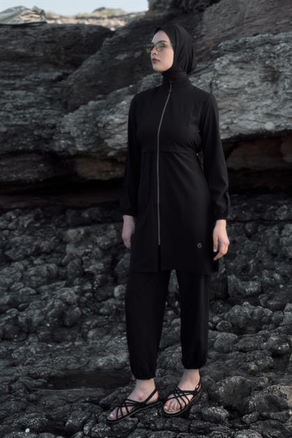 Solid Black 4-Piece Modest Swimwear Set with Long Tunic - Full Coverage Burkini - Style 6056