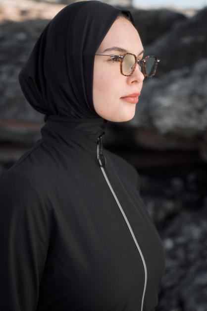 Solid Black 4-Piece Modest Swimwear Set with Long Tunic - Full Coverage Burkini - Style 6056