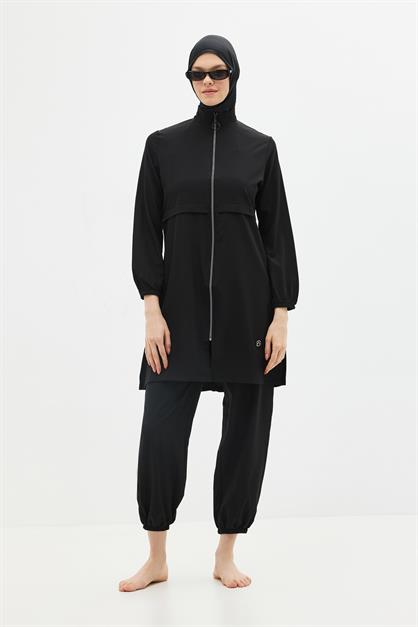Solid Black 4-Piece Modest Swimwear Set with Long Tunic - Full Coverage Burkini - Style 6056