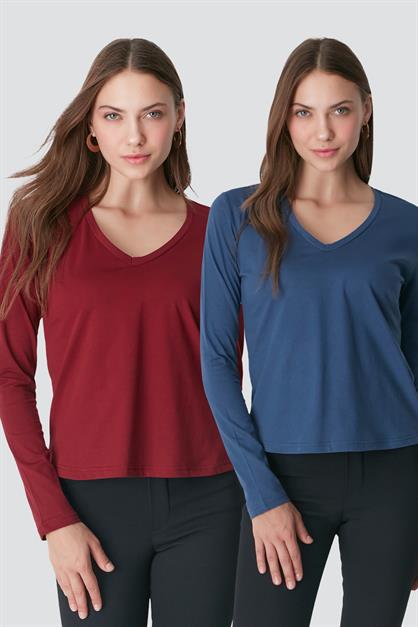 V-Neck Long Sleeve 2-Pack Basic T-Shirt 954