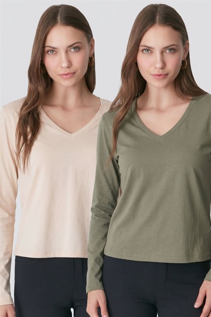 V Yaka Uzun Kol 2li Basic T-Shirt 954 Haki/Bej