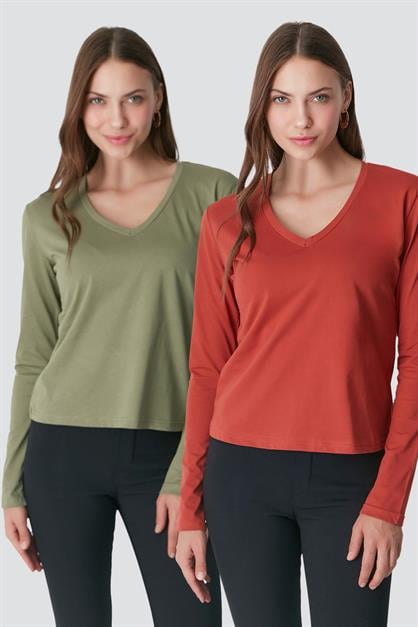 V-Neck Long Sleeve 2-Pack Basic T-Shirt 954