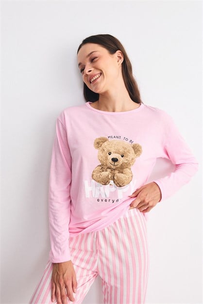 Yumuşak Dokulu Baskılı Pijama Takımı Ayıcık