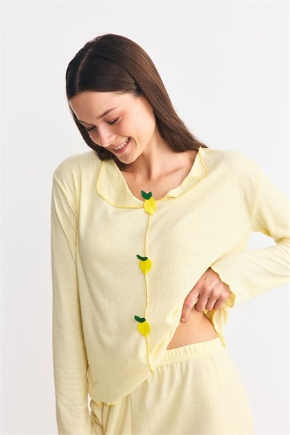 Yumuşak Dokulu Kaşkorse Pijama Takımı Limon