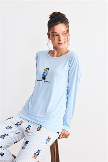 Yumuşak Dökümlü Kumaş Pijama Takımı Ayıcık