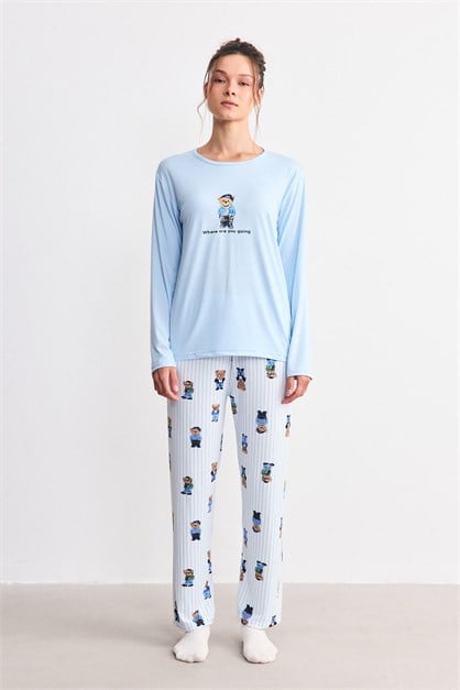 Yumuşak Dökümlü Kumaş Pijama Takımı Ayıcık