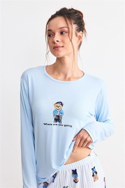 Yumuşak Dökümlü Kumaş Pijama Takımı Ayıcık