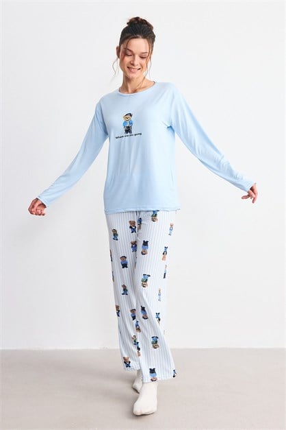 Yumuşak Dökümlü Kumaş Pijama Takımı Ayıcık