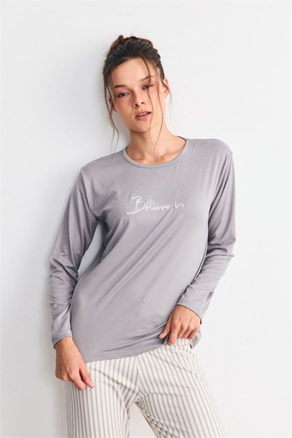 Yumuşak Dökümlü Kumaş Pijama Takımı Çizgi
