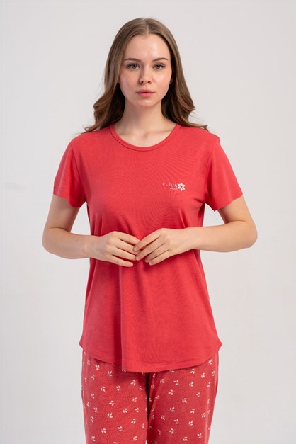 Yuvarlak Yaka Kısa Kollu Pijama Takımı Gül Kurusu-512213