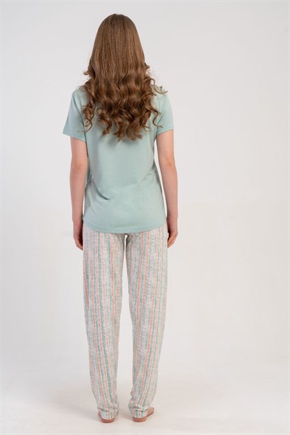 Yuvarlak Yaka Kısa Kollu Pijama Takımı Açık Yeşil-512177