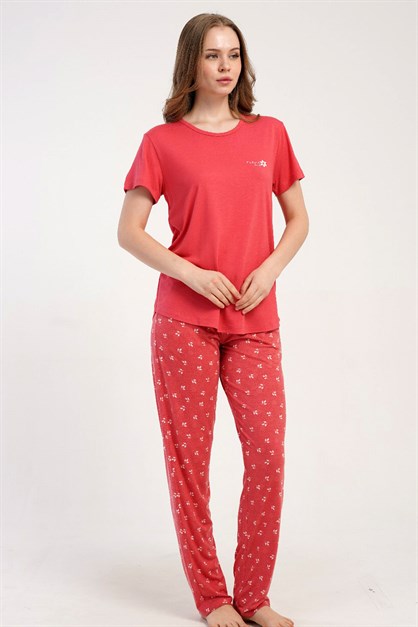 Yuvarlak Yaka Kısa Kollu Pijama Takımı Gül Kurusu-512213