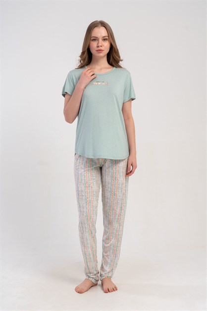 Yuvarlak Yaka Kısa Kollu Pijama Takımı Açık Yeşil-512177