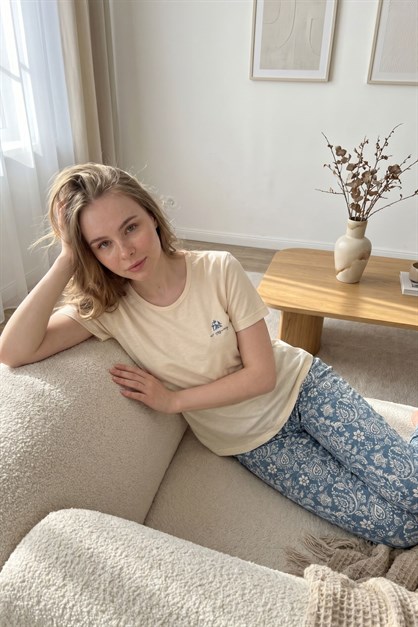 Yuvarlak Yaka Kısa Kollu Pijama Takımı Krem-512275