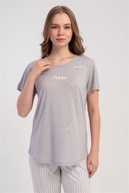 Yuvarlak Yaka Kısa Kollu Pijama Takımı Gri-512221