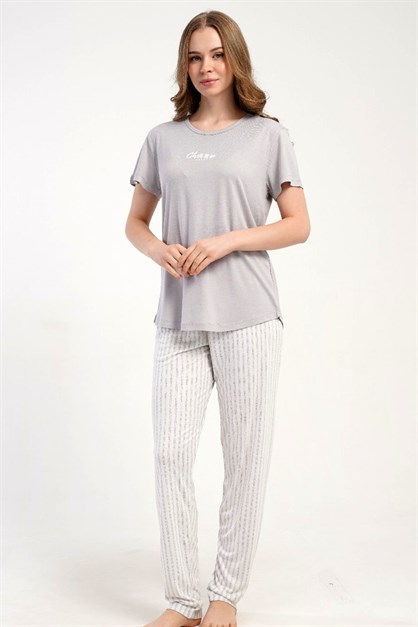 Yuvarlak Yaka Kısa Kollu Pijama Takımı Gri-512221