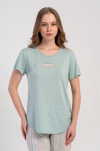 Yuvarlak Yaka Kısa Kollu Pijama Takımı Açık Yeşil-512177