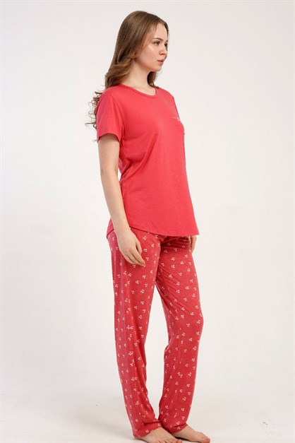Yuvarlak Yaka Kısa Kollu Pijama Takımı Gül Kurusu-512213