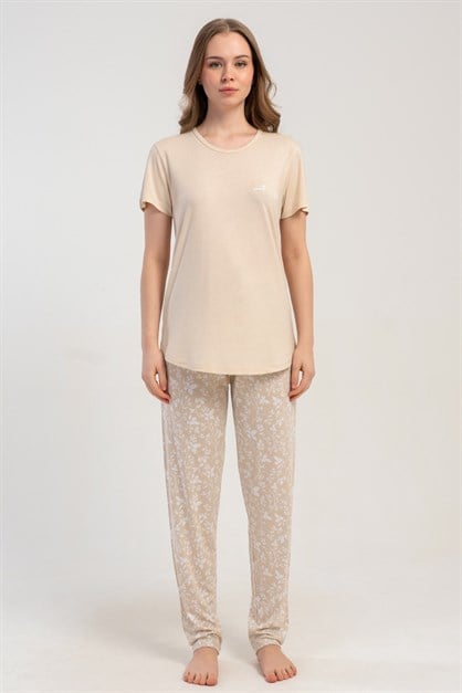 Yuvarlak Yaka Kısa Kollu Pijama Takımı Bej-512181