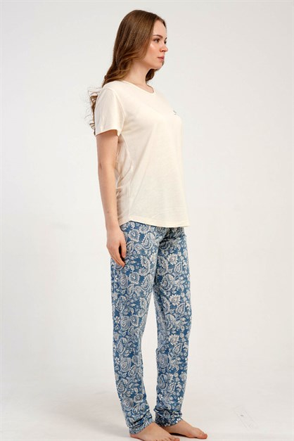 Yuvarlak Yaka Kısa Kollu Pijama Takımı Krem-512275